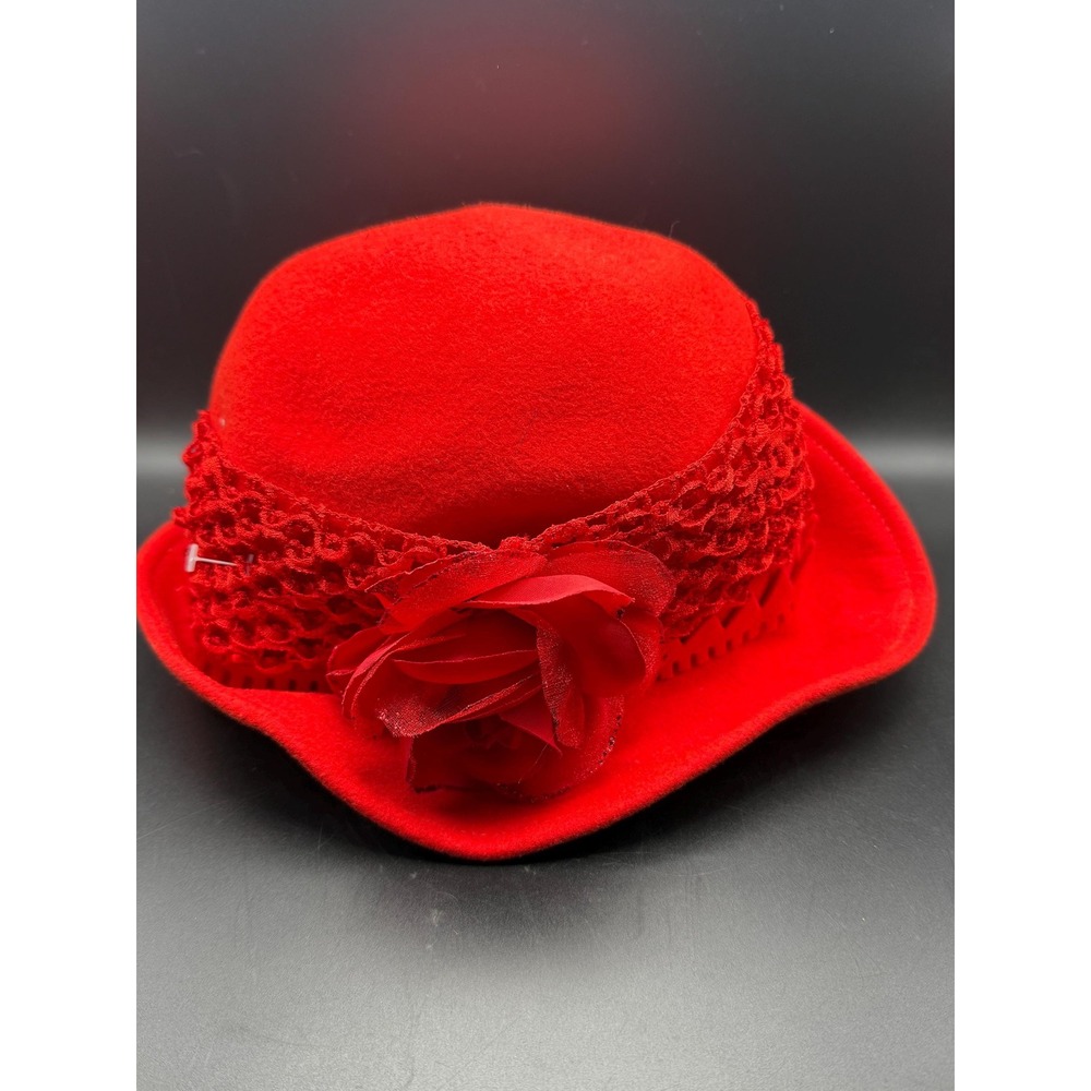 Vtg Jack McConnell Flair Red Wool Doeskin Felt Cloche Hat Lace Flower Church
